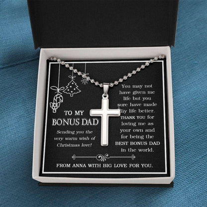 Stepdad Necklace, Bonus Dad Christmas Cross Ball Necklace, Christmas Necklace For Bonus Dad, Christmas Card Necklace Father's Day Rakva