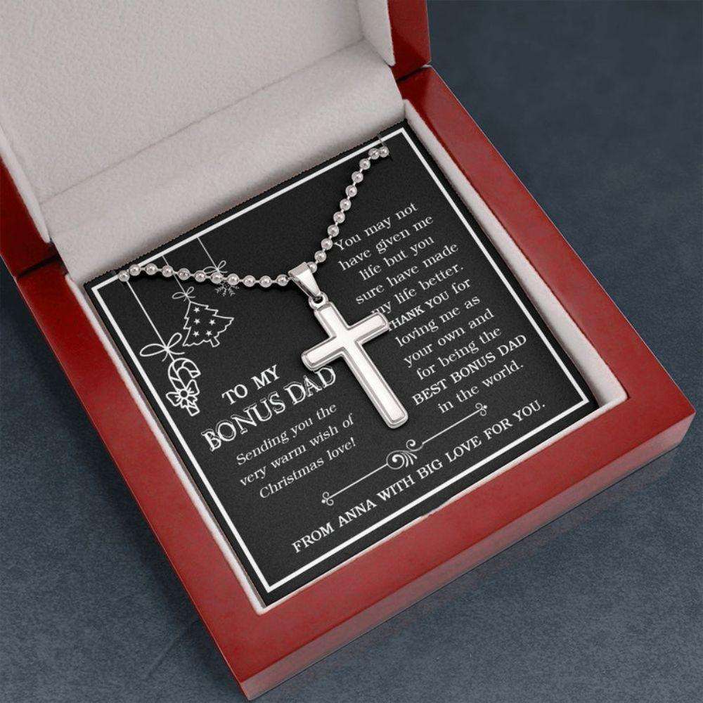 Stepdad Necklace, Bonus Dad Christmas Cross Ball Necklace, Christmas Necklace For Bonus Dad, Christmas Card Necklace Father's Day Rakva