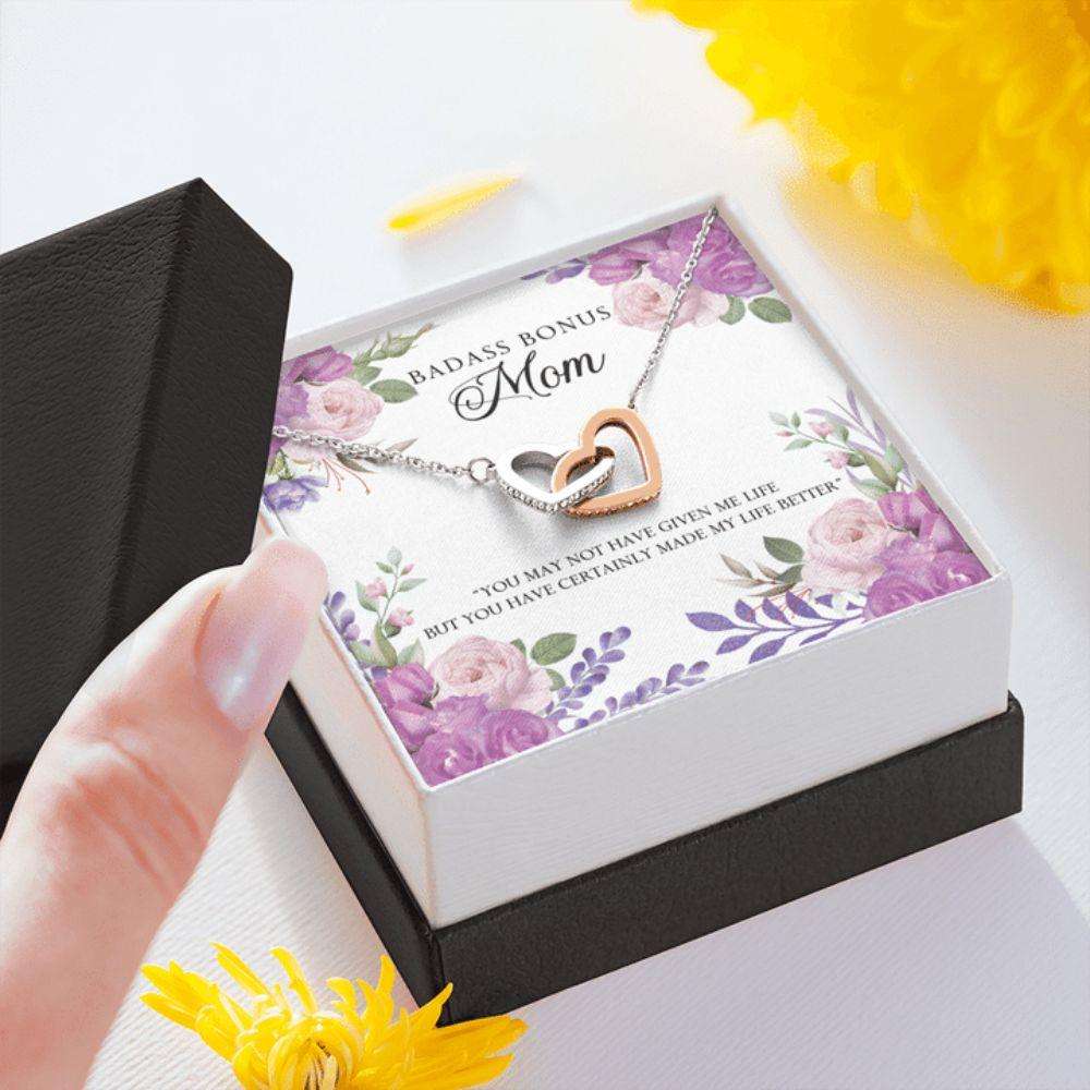 Stepmom Necklace, Family “ Badass Bonus Mom “ Certainly Made My Life Better “ Interlocking Hearts Necklace With On Demand Message Card Gifts for Mother (Mom) Rakva