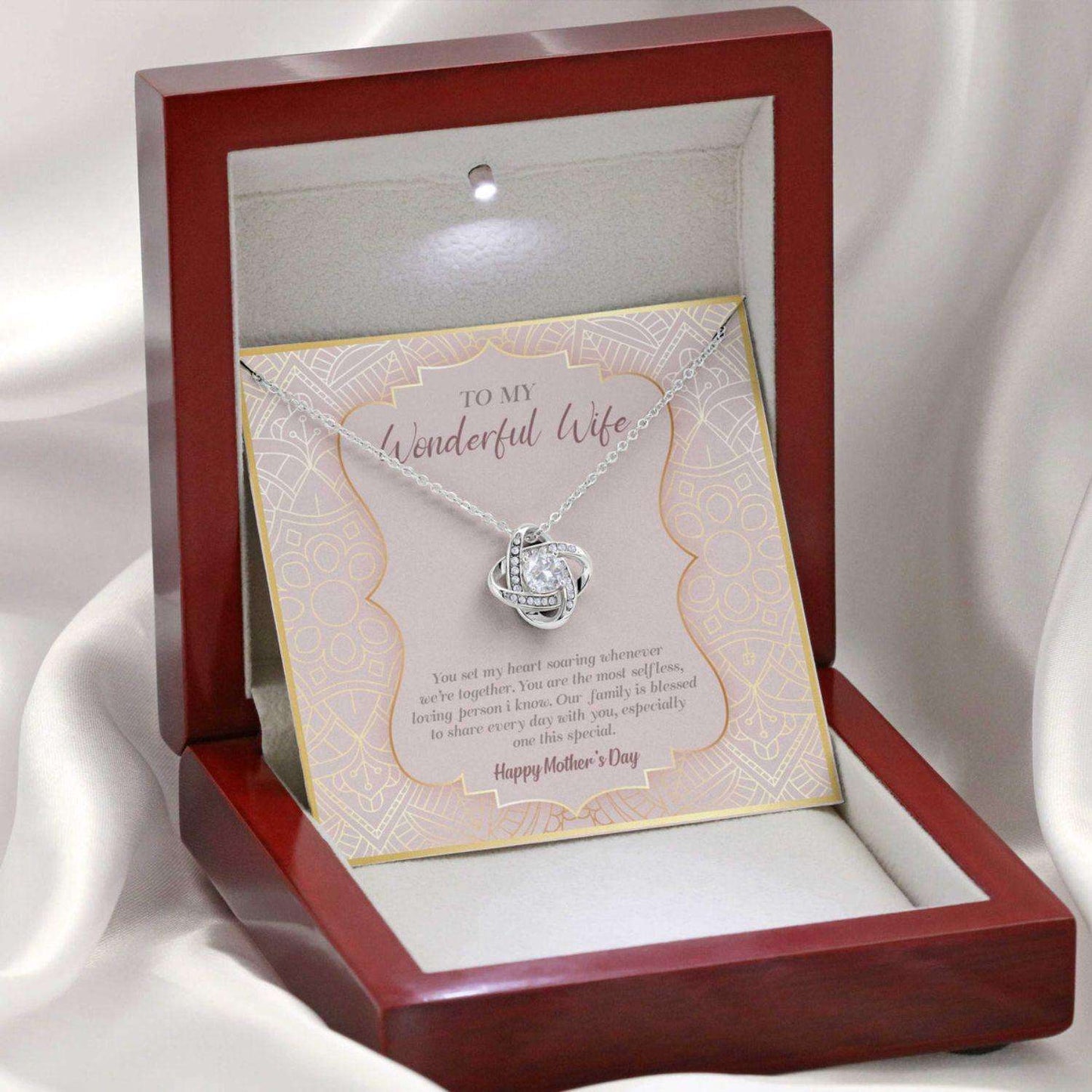 Wife Necklace, Gift For Mother’S Day From Husband To My Wonderful Wife, Message Card Love Knot Necklace For Karwa Chauth Rakva