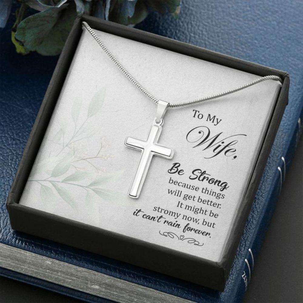 Wife Necklace, Gift To Wife “ Wife Necklace Be Strong “ Faithful Cross Necklace “ Gift Necklace Message Card For Karwa Chauth Rakva