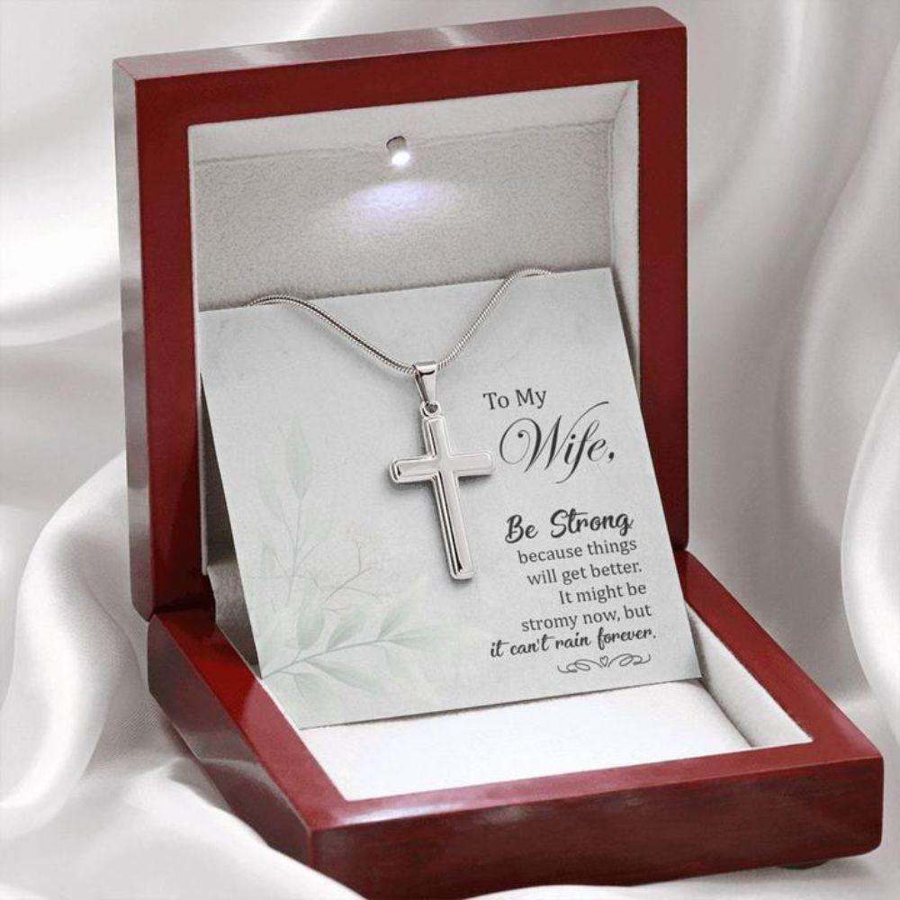 Wife Necklace, Gift To Wife “ Wife Necklace Be Strong “ Faithful Cross Necklace “ Gift Necklace Message Card For Karwa Chauth Rakva