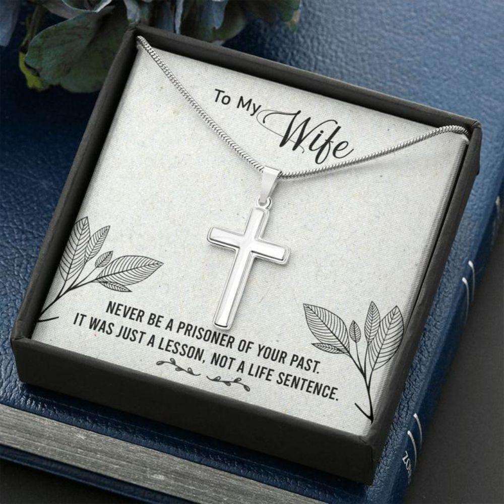 Wife Necklace, Gift To Wife “ Wife Necklace Never A Prisoner “ Faithful Cross Necklace “ Gift Necklace Message Card For Karwa Chauth Rakva