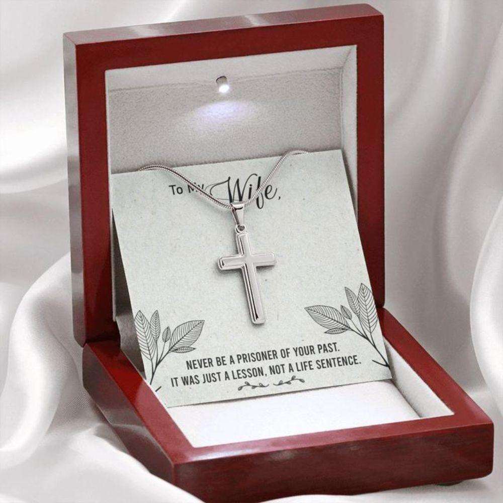 Wife Necklace, Gift To Wife “ Wife Necklace Never A Prisoner “ Faithful Cross Necklace “ Gift Necklace Message Card For Karwa Chauth Rakva