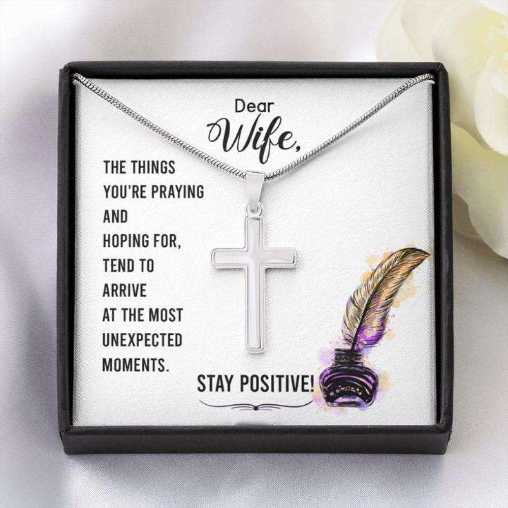 Wife Necklace, Gift To Wife “ Wife Necklace Stay Positive “ Faithful Cross Necklace “ Gift Necklace Message Card For Karwa Chauth Rakva