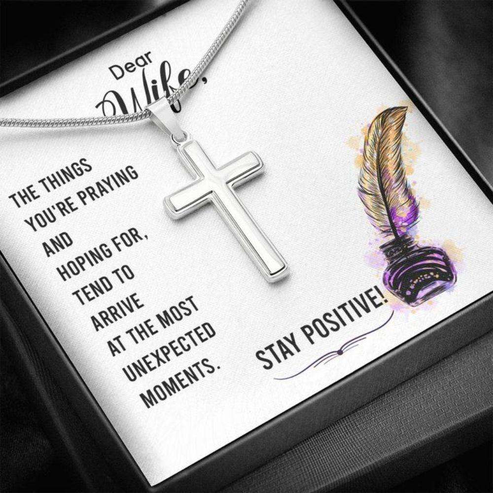 Wife Necklace, Gift To Wife “ Wife Necklace Stay Positive “ Faithful Cross Necklace “ Gift Necklace Message Card For Karwa Chauth Rakva