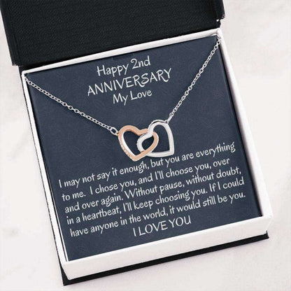 Wife Necklace, Happy 2Nd Wedding Anniversary Interlocking Hearts Wife Gift, Two Year Anniversary Necklace Gift For Her Anniversary For Karwa Chauth Rakva