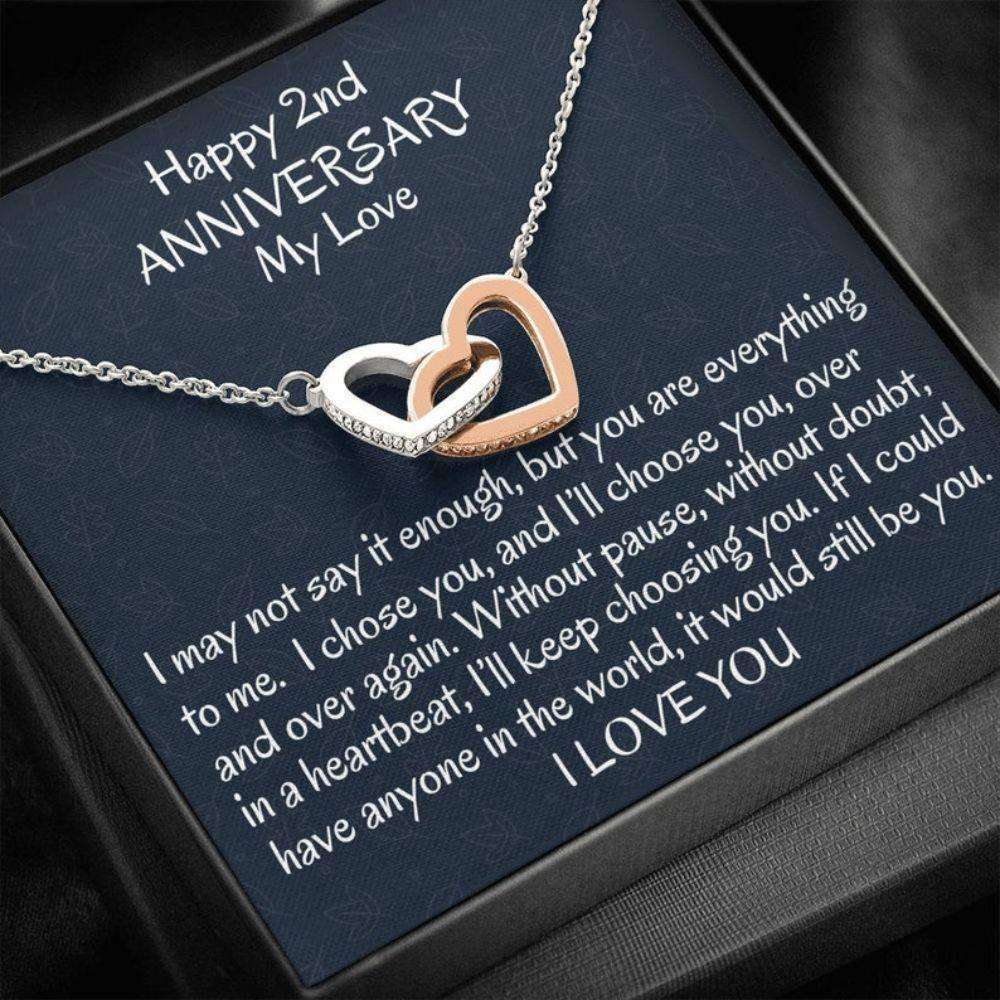 Wife Necklace, Happy 2Nd Wedding Anniversary Interlocking Hearts Wife Gift, Two Year Anniversary Necklace Gift For Her Anniversary For Karwa Chauth Rakva