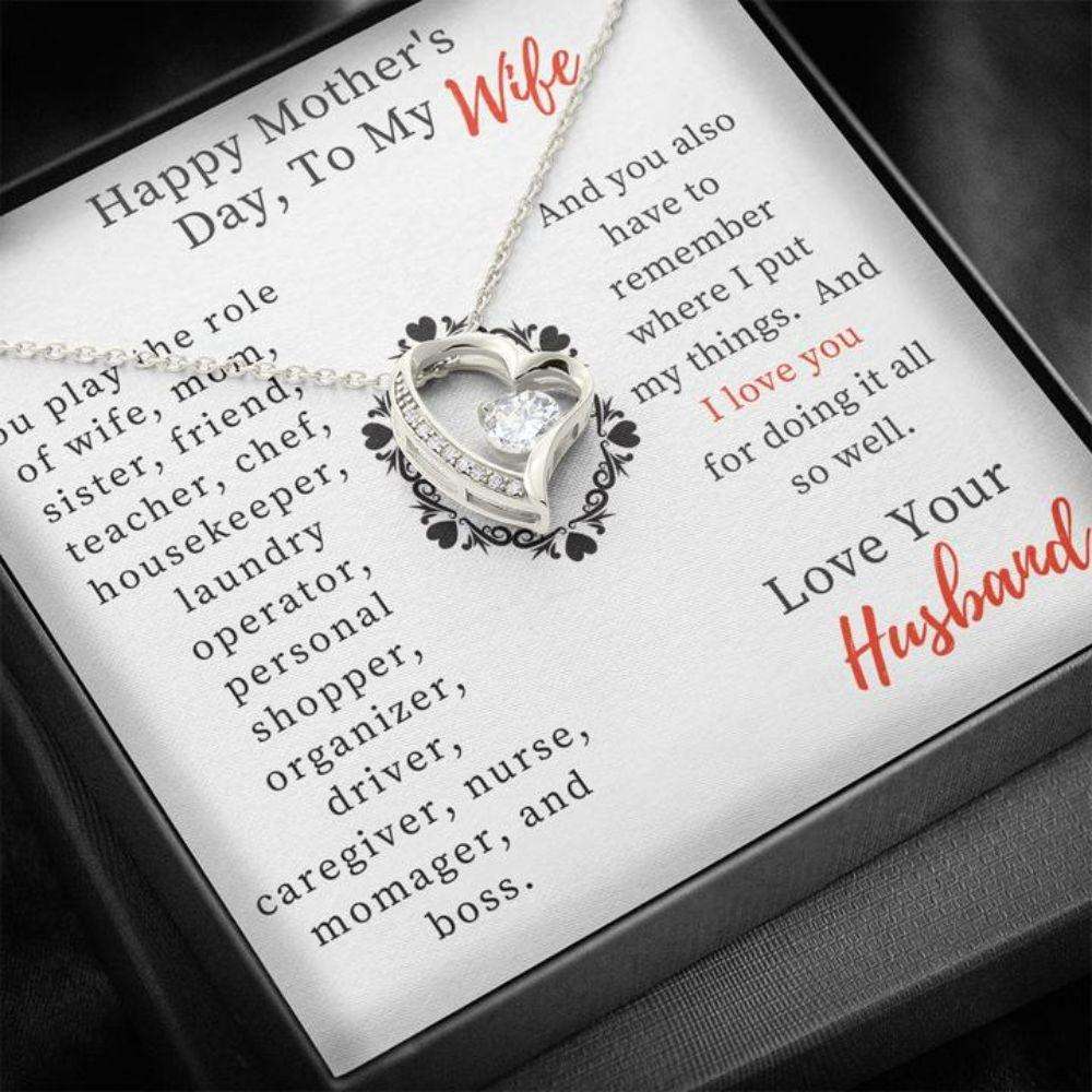 Wife Necklace, Happy Mother’S Day To My Wife From Husband Heart Pendant Gift Necklace Message Card For Karwa Chauth Rakva