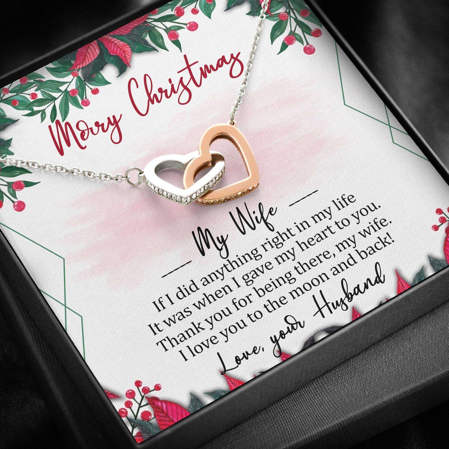 Wife Necklace, Merry Christmas My Wife Love You To The Moon And Back “ Interlocking Hearts Necklace For Karwa Chauth Rakva