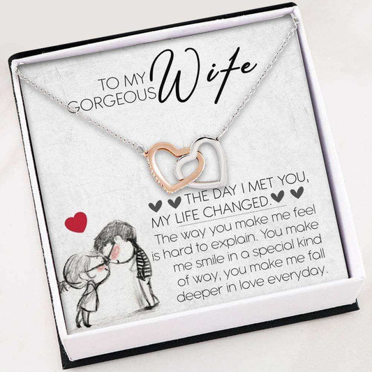 Wife Necklace, To My Gorgeous Wife Necklace “ Interlocking Hearts Necklace With Gift Box For Karwa Chauth Rakva