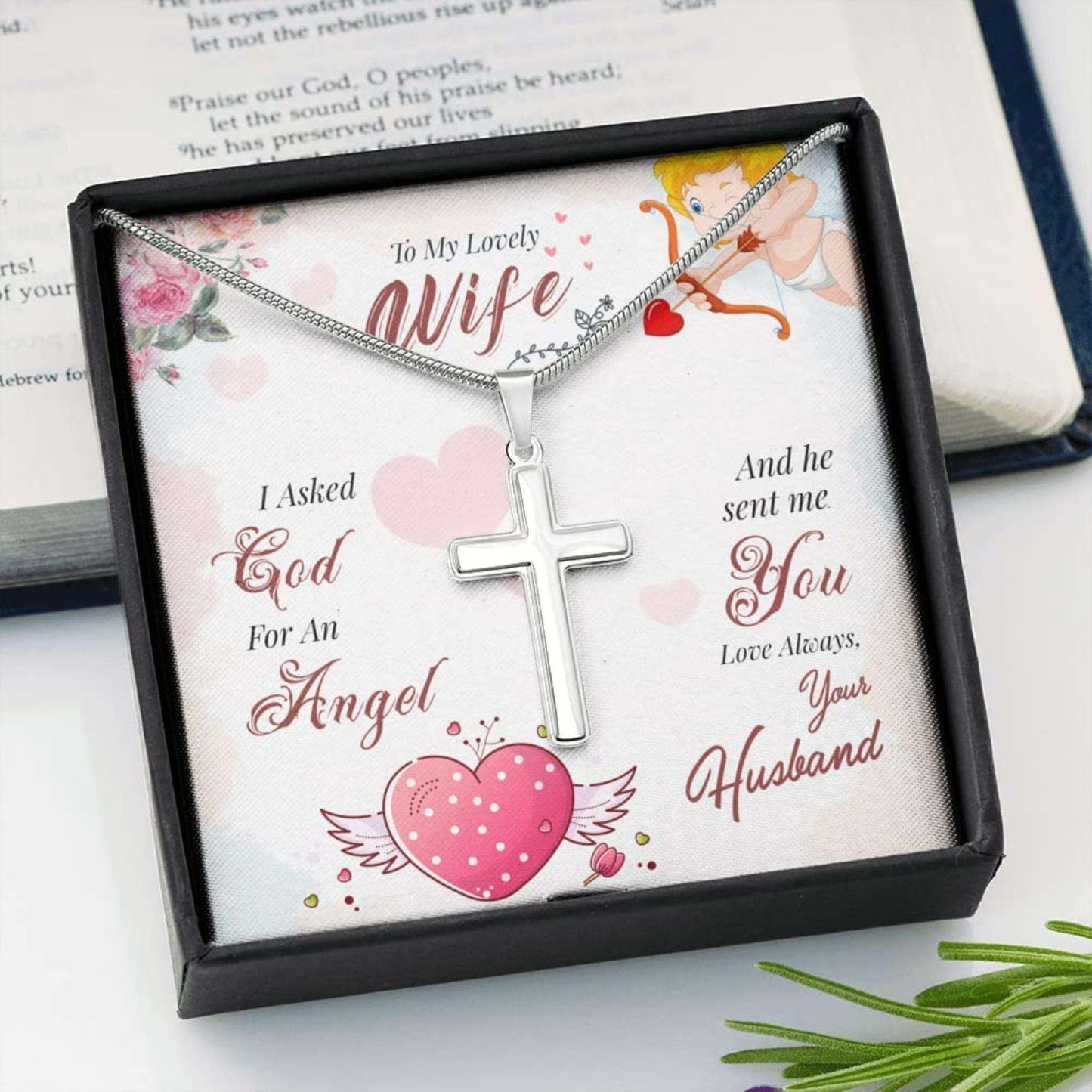 Wife Necklace, To My Lovely Wife Necklace, I Asks God For An Angel, Artisan Crafted Cross Necklace, Message Card Gift For Karwa Chauth Rakva