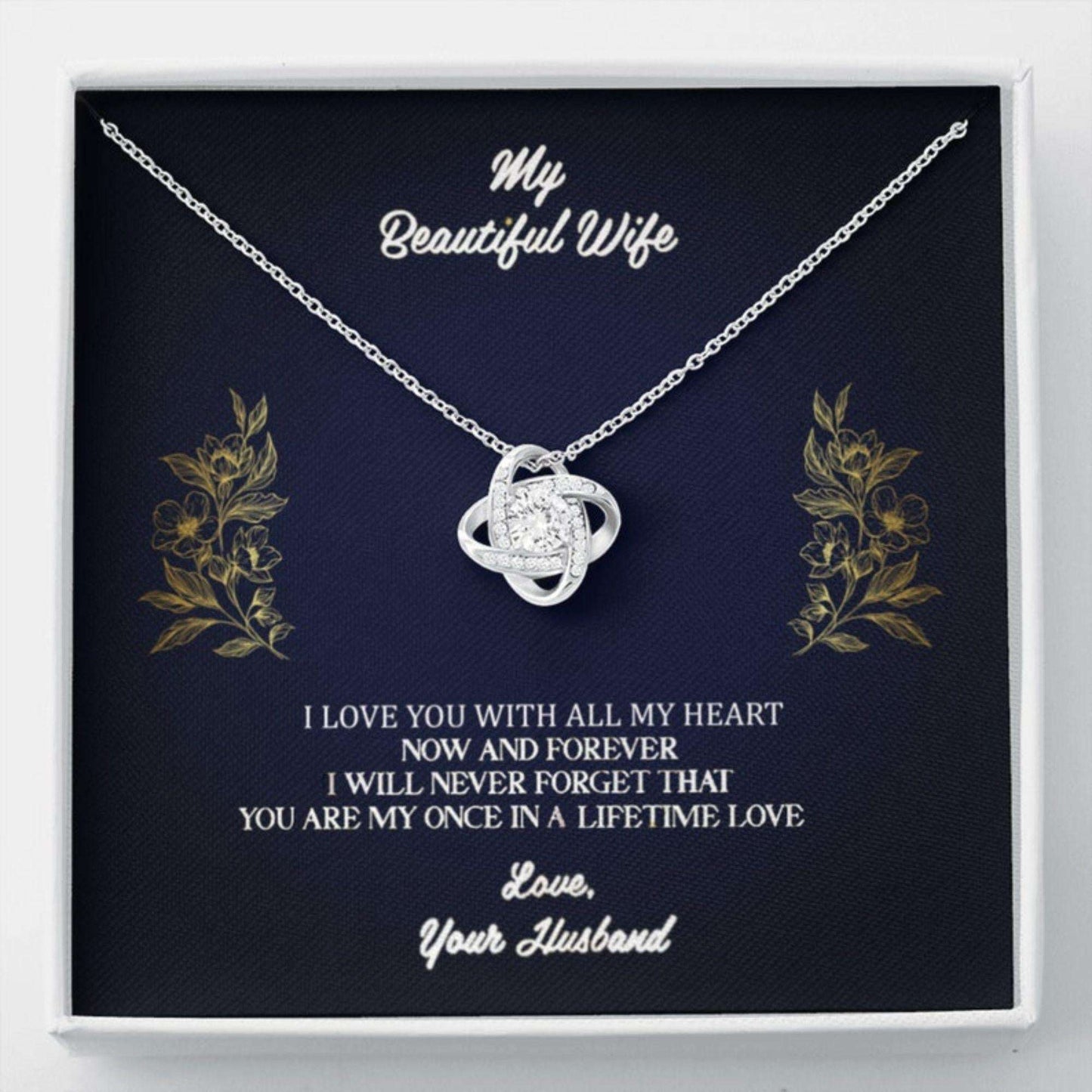 Wife Necklace, To My Wife From Husband Personalized Love Knot Necklace, Gift For Valentine’S Day Message Card For Karwa Chauth Rakva