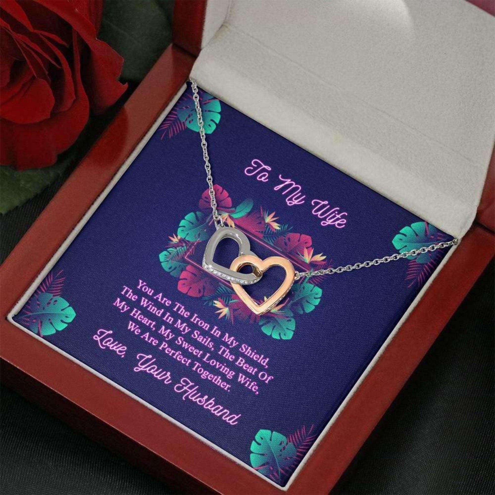 Wife Necklace, To My Wife Necklace, You Are The Iron Is My Shield, Intertwined Pair Of Hearts Necklace Message Card Gift For Karwa Chauth Rakva