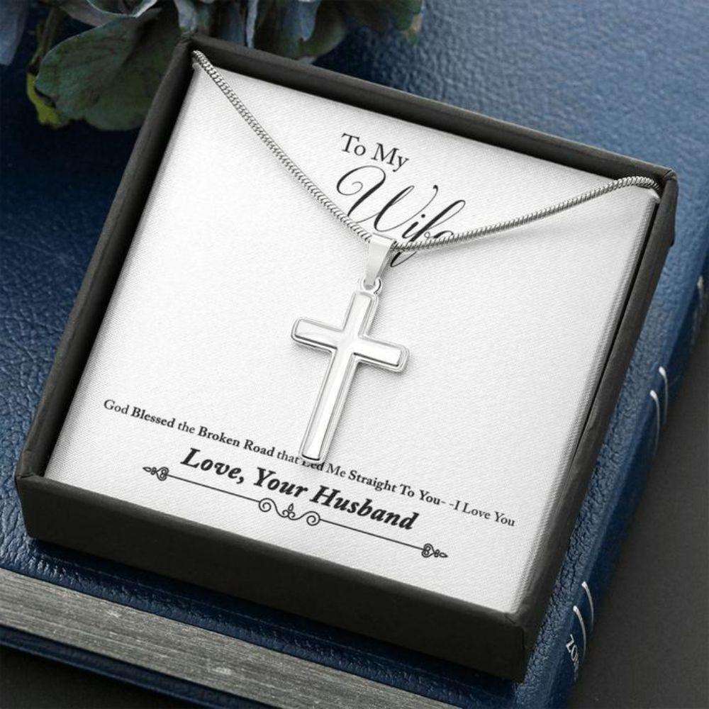 Wife Necklace, Wife Gift Cross Necklace Broken Road To Wife From Husband Faithful Cross Necklace For Karwa Chauth Rakva