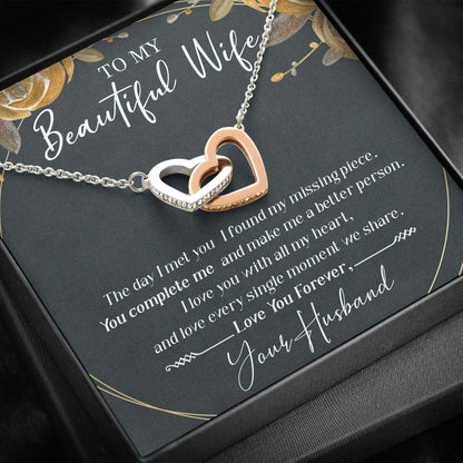 Wife Necklace, Wife Gift, To My Beautiful Wife “ Interlocking Hearts Necklace For Karwa Chauth Rakva